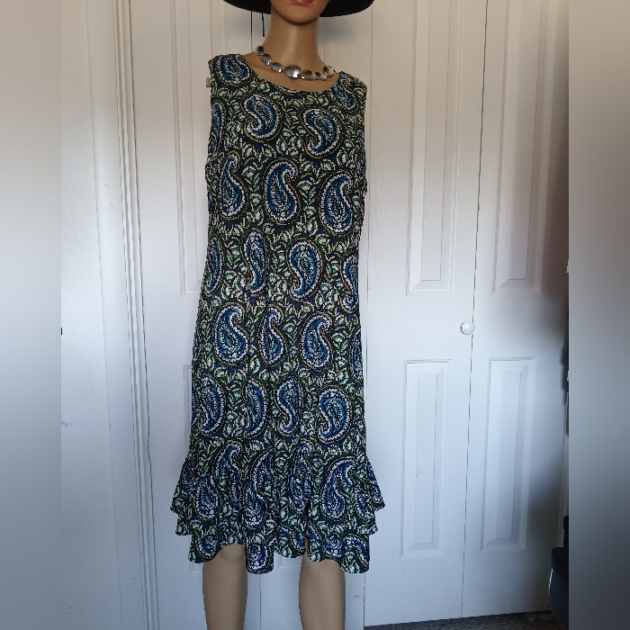 Tommy Hilfiger Women’s Sz 16 Blue Green Paisley Sleeveless Mermaid Ruffle Dress.